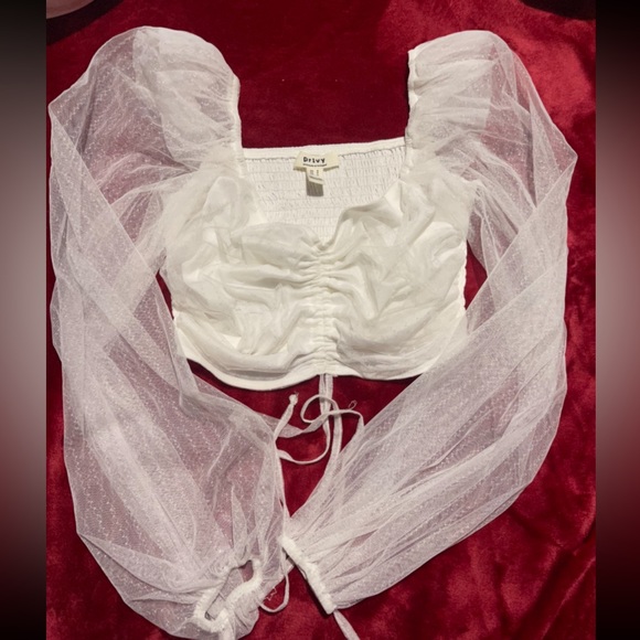 White off the shoulder sheer sleeved tie front top - Picture 2 of 3